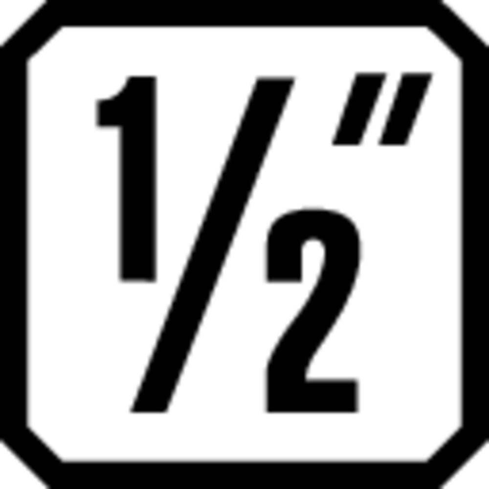 Ein schwarz-weißes Symbol mit der großen Schrift „1/2