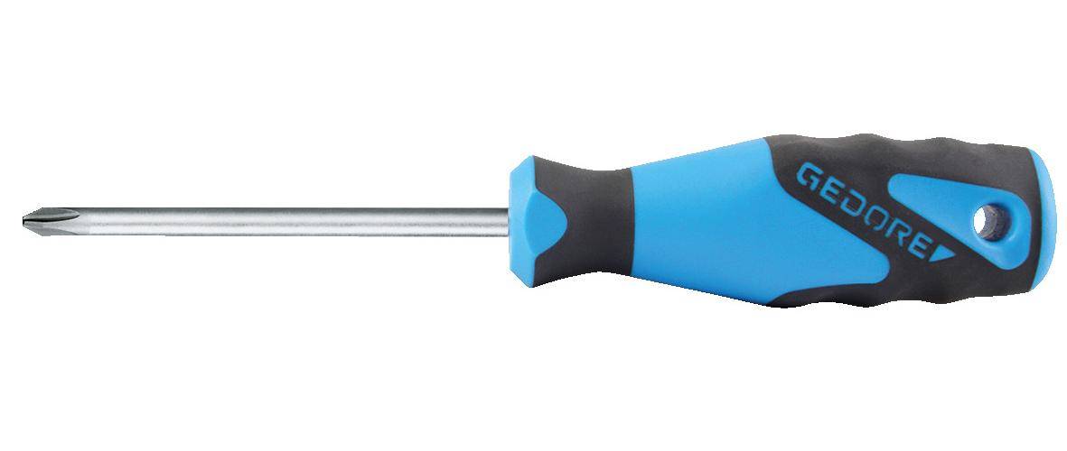 Ein Schraubendreher mit blauem Griff und schwarzem Handgriff wird horizontal angezeigt und zeigt seinen metallischen Schaft, der sich nach links erstreckt.