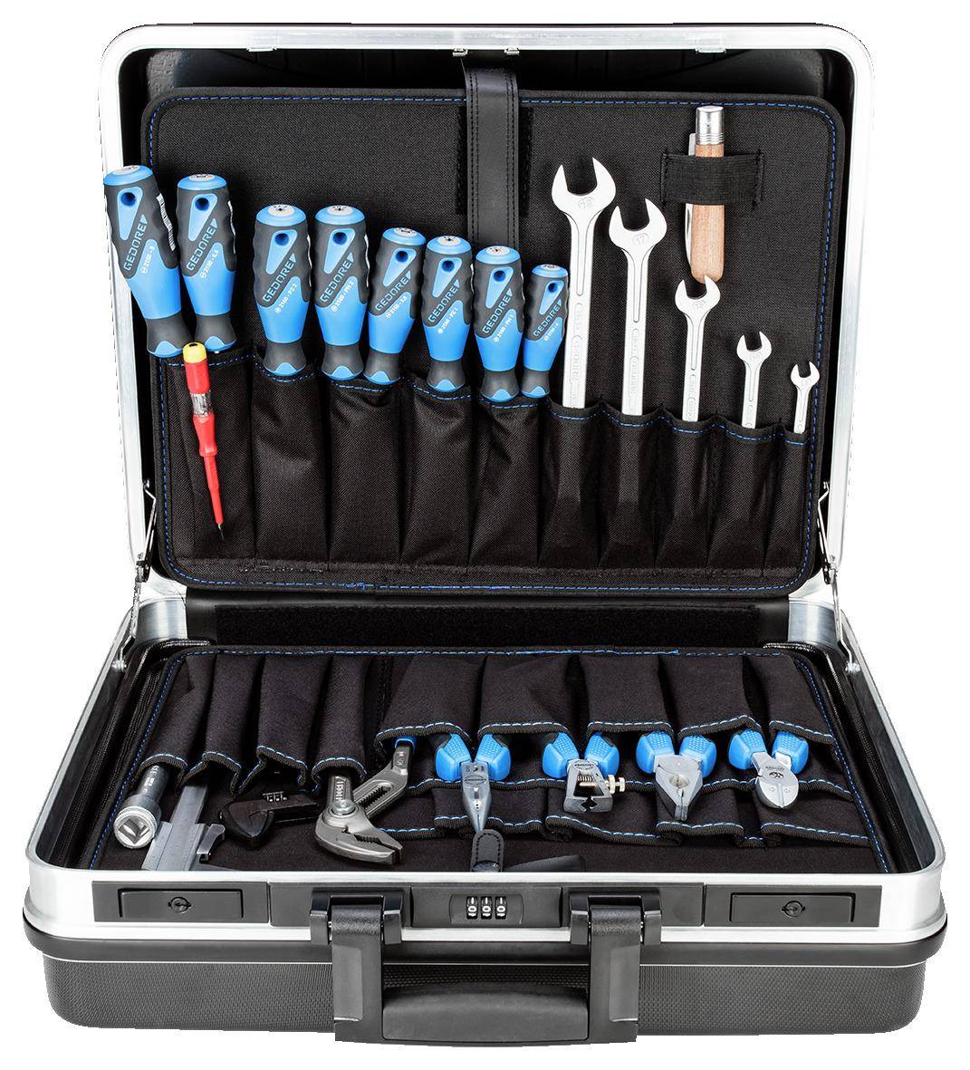 Eine offene Werkzeugkiste mit verschiedenen Werkzeugen, darunter Schraubendreher mit blauen Griffen, Schraubenschlüssel und andere Handwerkzeuge, die in Fächern organisiert sind.