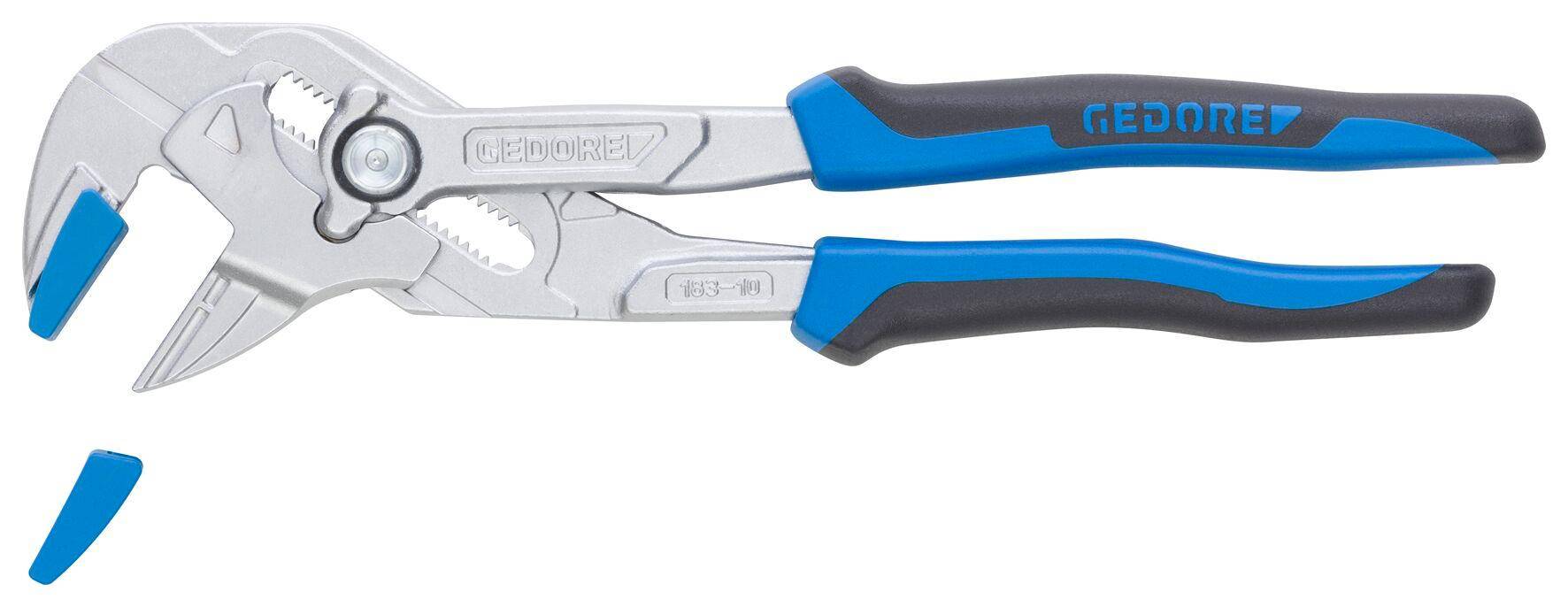 Ein Paar silberner und blauer Zangen mit ergonomischen Griffen, die zum Greifen und Drehen von Objekten konzipiert sind. Die Markierungen zeigen „GEDORE