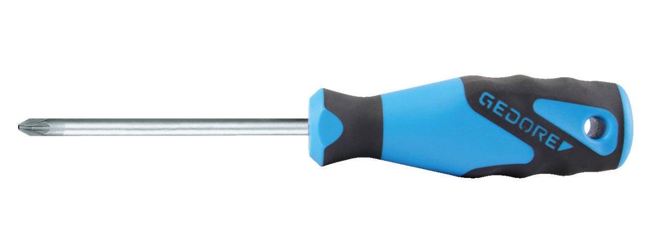 Ein Schraubenzieher mit blauem Griff und schwarzem Handschutz, mit einem Metallschaft, der sich vom Griff erstreckt, horizontal positioniert.