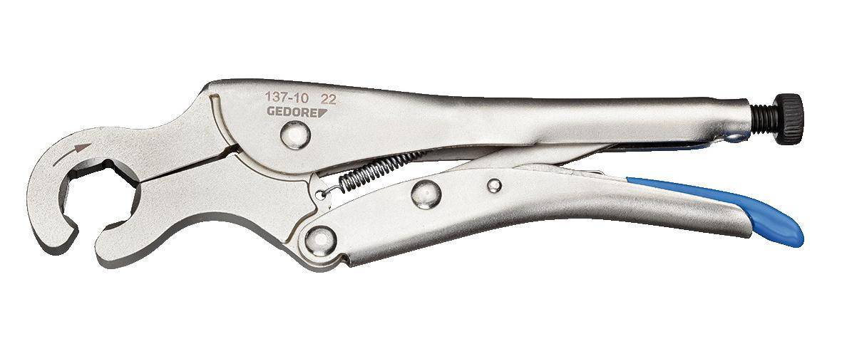 Spannzangen mit metallischer Oberfläche, ausgestattet mit einem Federmechanismus und verstellbarem Backen.