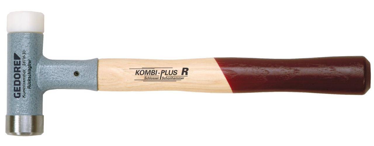 Ein Holzhammergriff mit der Beschriftung „KOMBI-PLUS R Schlosscher Schonhammer