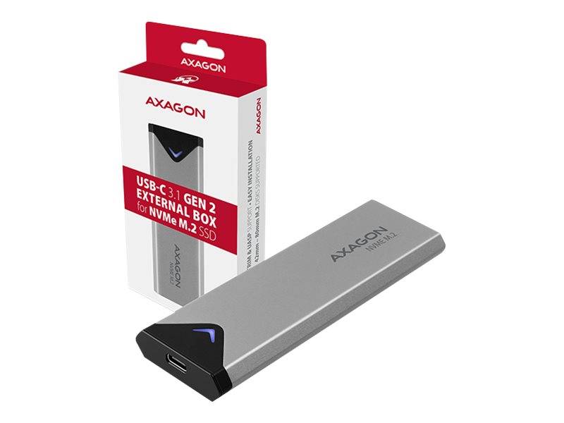 AXAGON USB-C 3.1 Gen 2 externes Gehäuse für NVMe M.2 SSD, abgebildet mit seiner Einzelhandelsverpackung und silbernem Gehäuse.