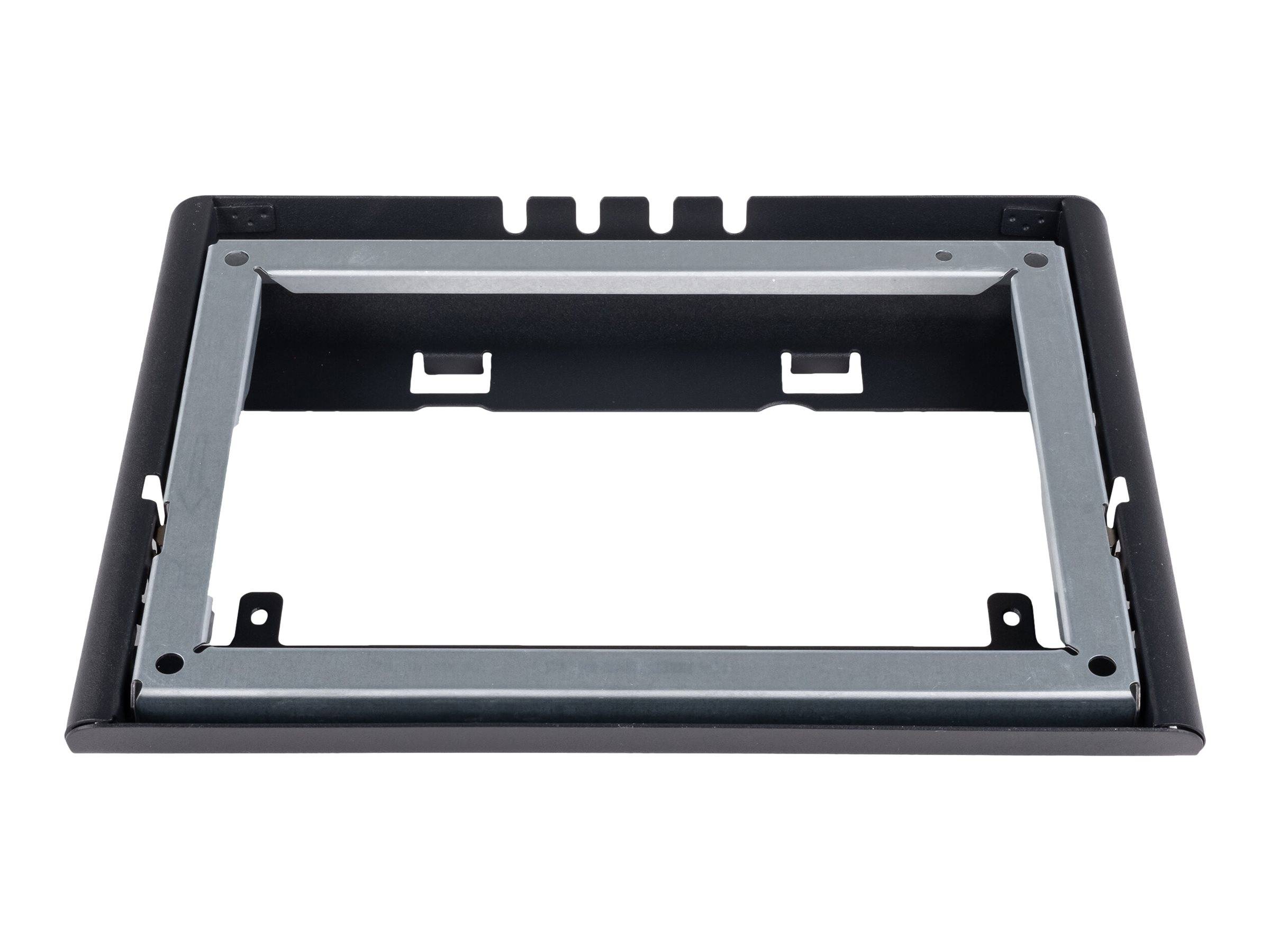 Eine Metalllagerhalterung mit mehreren Schrauben und Schlitzen, entwickelt zur Befestigung eines Geräts oder einer Komponente, die vor einem weißen Hintergrund dargestellt wird.