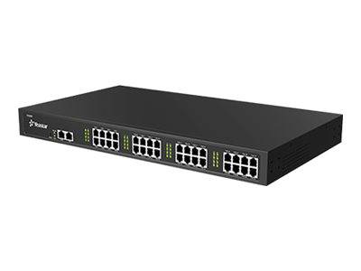 Schwarzer Rack-Netzwerkschalter mit mehreren Ethernet-Anschlüssen auf der Frontblende, dargestellt auf weißem Hintergrund.
