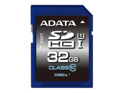 ADATA 32GB SDHC Klasse 10 Speicherkarte, Vorderansicht mit blauem Gehäuse und Schalter „LOCK