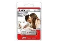 Verpackung für einen AGFA PHOTO 16GB USB-Stick, der das Laufwerk und ein Paar zeigt, das einen Laptop nutzt.