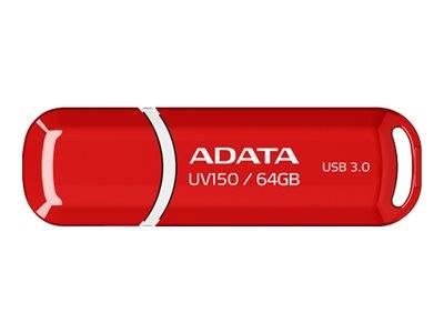 Rotes ADATA UV150 64GB USB 3.0 Speicherlaufwerk auf weißem Hintergrund.