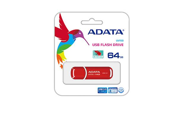 ADATA UV150 64GB USB-Speicherlaufwerk im roten Design auf einer weißen Verkaufsverpackung mit bunter Vogel-Grafik.