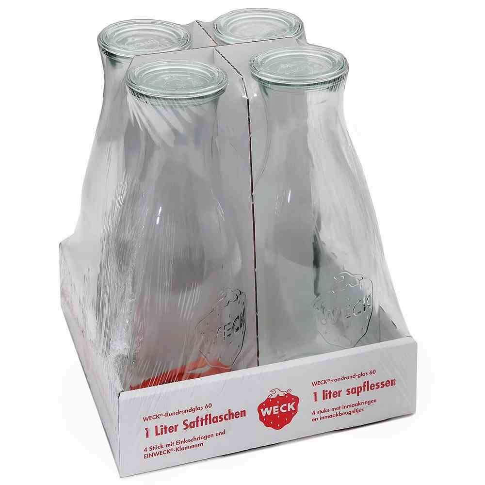 WECK 4T7-66 Saftflasche 1L inkl. Ringe und Klammern, klar (4er Pack)