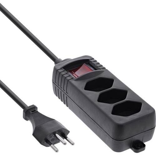 Ein schwarzes Mehrfachsteckdosen-Gerät mit drei Steckdosen und einem Ein-/Ausschalter, verbunden mit einem Stromkabel, das mit einem europäischen Stecker endet.