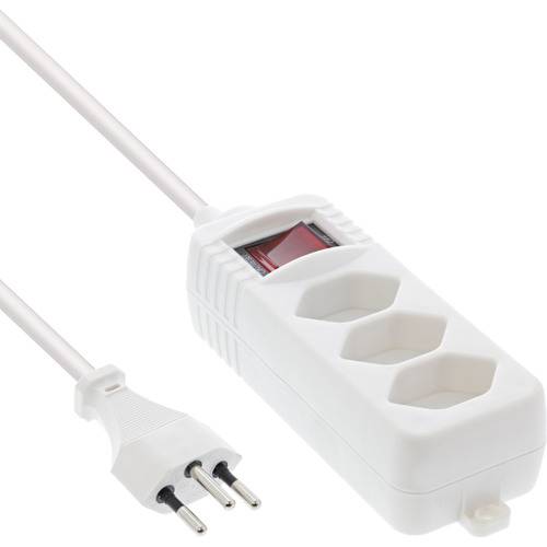 Ein weißes Steckdosenleiste mit drei Steckdosen und einem roten Ein/Aus-Schalter, verbunden mit einem Netzstecker und einem langen Kabel.