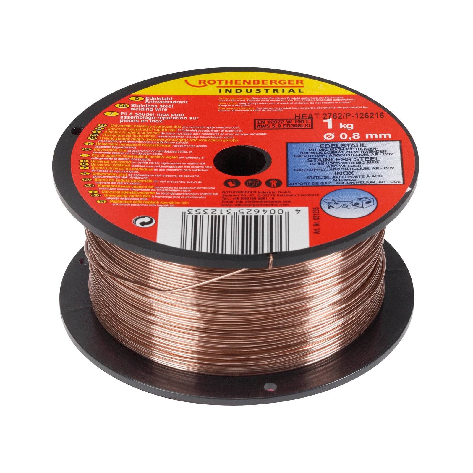 Eine Rolle Kupferschweißdraht, mit dem Etikett Rothenberger Industrial, 1 kg, 0,6 mm Durchmesser, mit Sicherheitshinweisen und einem Barcode.