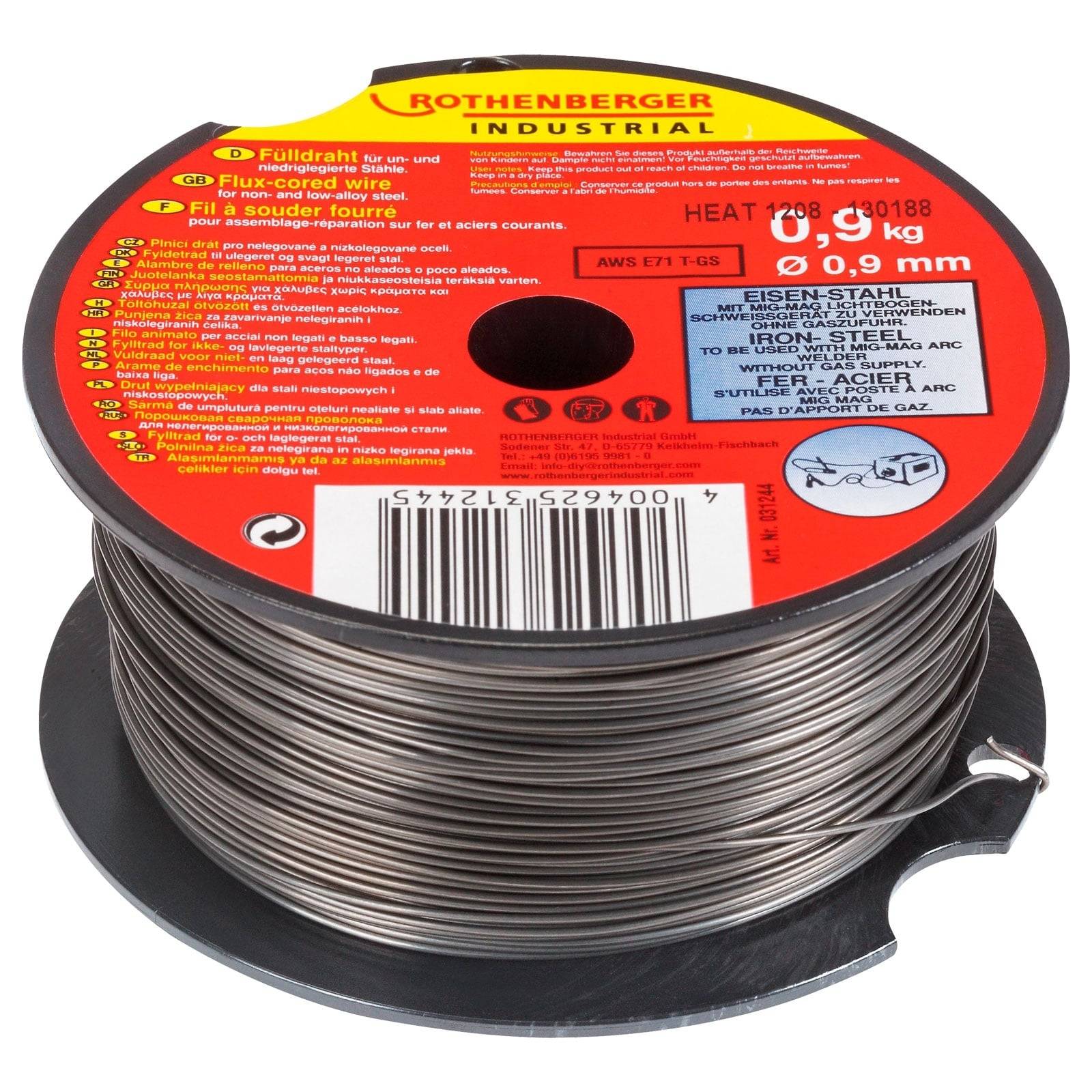 Eine Rolle Flussmittelkern-Schweißdraht, 0,9 kg, 0,9 mm Durchmesser, zur Verwendung mit Baustahl. Marke: Rothenberger Industrial.