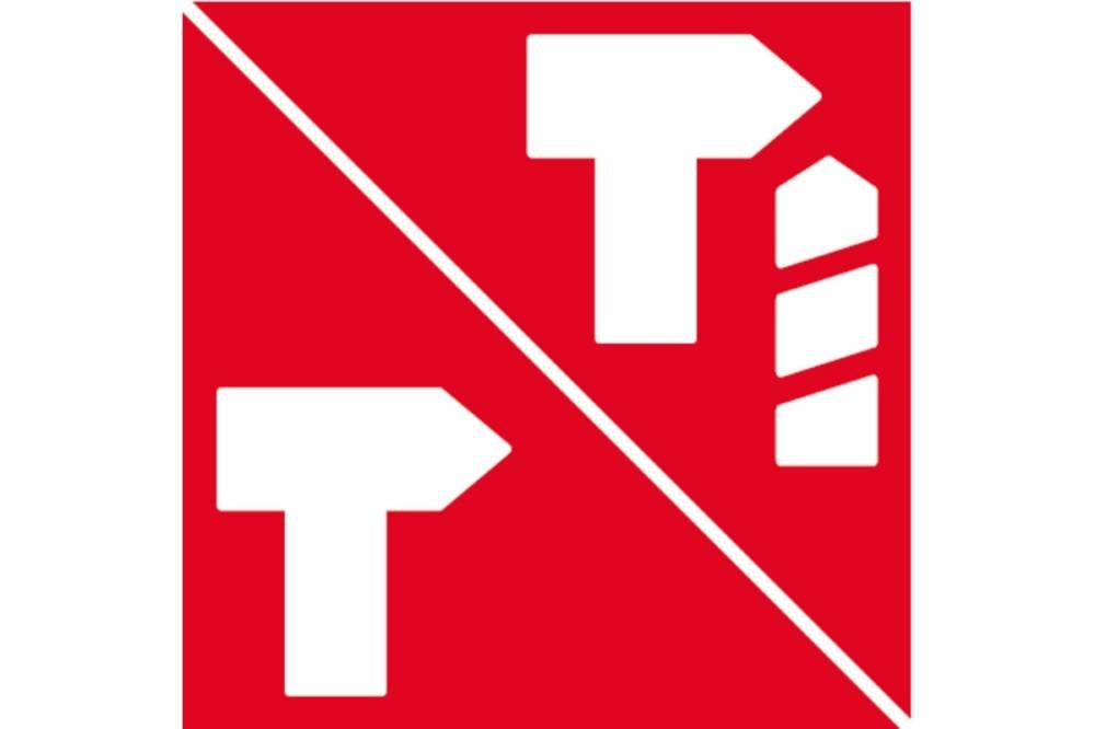 Geteiltes rotes Quadrat mit diagonaler weißer Linie. Die linke Seite zeigt ein großes Buchstaben ‚T' mit einer Pfeilspitze; die rechte Seite hat ein stilisiertes ‚T'.