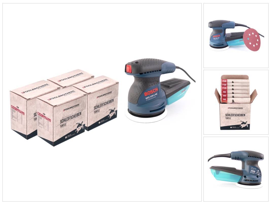 Bosch GEX 125-1 AE Exzenterschleifer 250 Watt 125 mm ( 0601387500 ) + 4x Toolbrothers TURTLE Schleifset