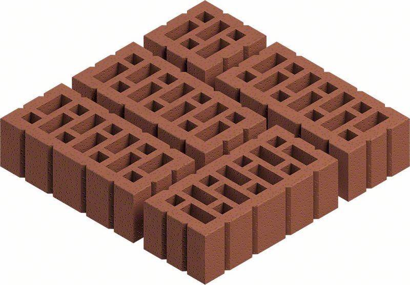 Mehrere braune hohle Ziegel, die in einem Rastermuster auf einem weißen Hintergrund angeordnet sind.
