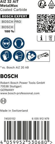 BOSCH' Logo mit Text: 'Robert Bosch Power Tools GmbH, 70538 Stuttgart, Deutschland. www.bosch-professional.com'. Icons zeigen Werkzeugnutzung und Sicherheit.