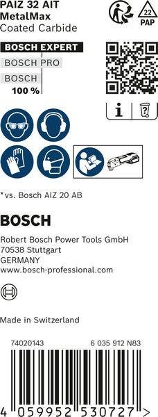 Das Bild zeigt Boschs Kontaktinformationen, Logo und Symbole, die Schutzausrüstung (Handschuhe, Maske, Gehörschutz) und die Verwendung von Elektrowerkzeugen anzeigen.