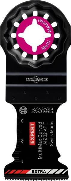 Bosch Starlock Oszillierendes Multitool-Sägeblatt, schwarz mit roten und weißen Markierungsdetails.