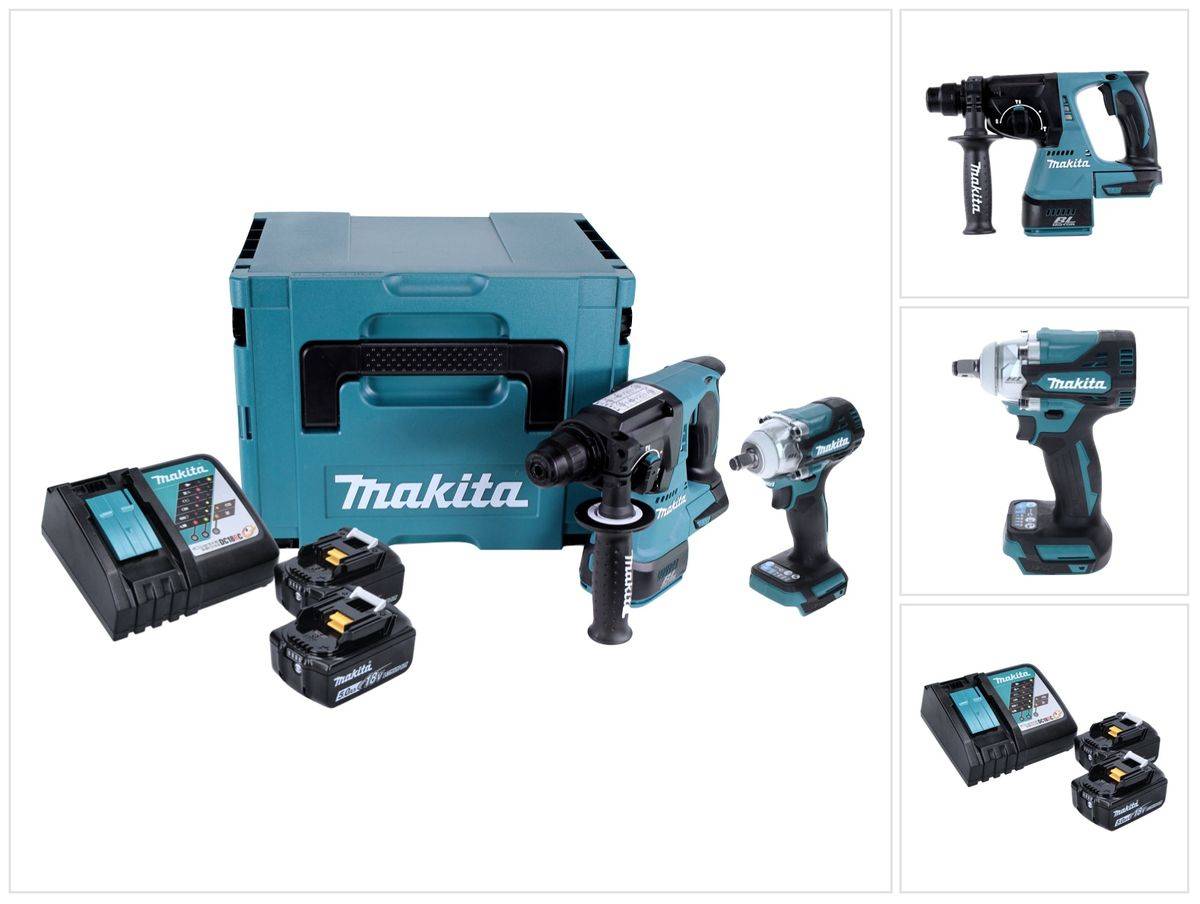 Makita DLX 2372 TJ Akku Combo Kit DHR 242 Akku Bohrhammer + DTW 300 Akku Schlagschrauber + 2x Akku 5,0 Ah + Ladegerät + Makpac