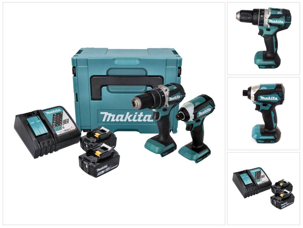 Makita DLX 2180 TJ Akku Combo Kit DHP 484 Akku Schlagbohrschrauber + DTD 153 Akku Schlagschrauber + 2x Akku 5,0 Ah + Ladegerät + Makpac