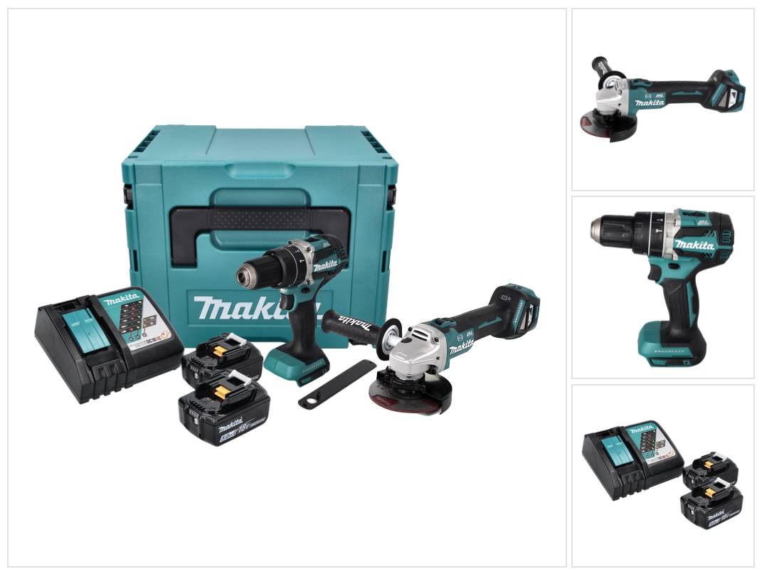 Makita DLX 2272 TJ Akku Combo Kit DGA 513 Akku Winkelschleifer + DHP 484 Akku Schlagbohrschrauber + 2x Akku 5,0 Ah + Ladegerät + Makpac