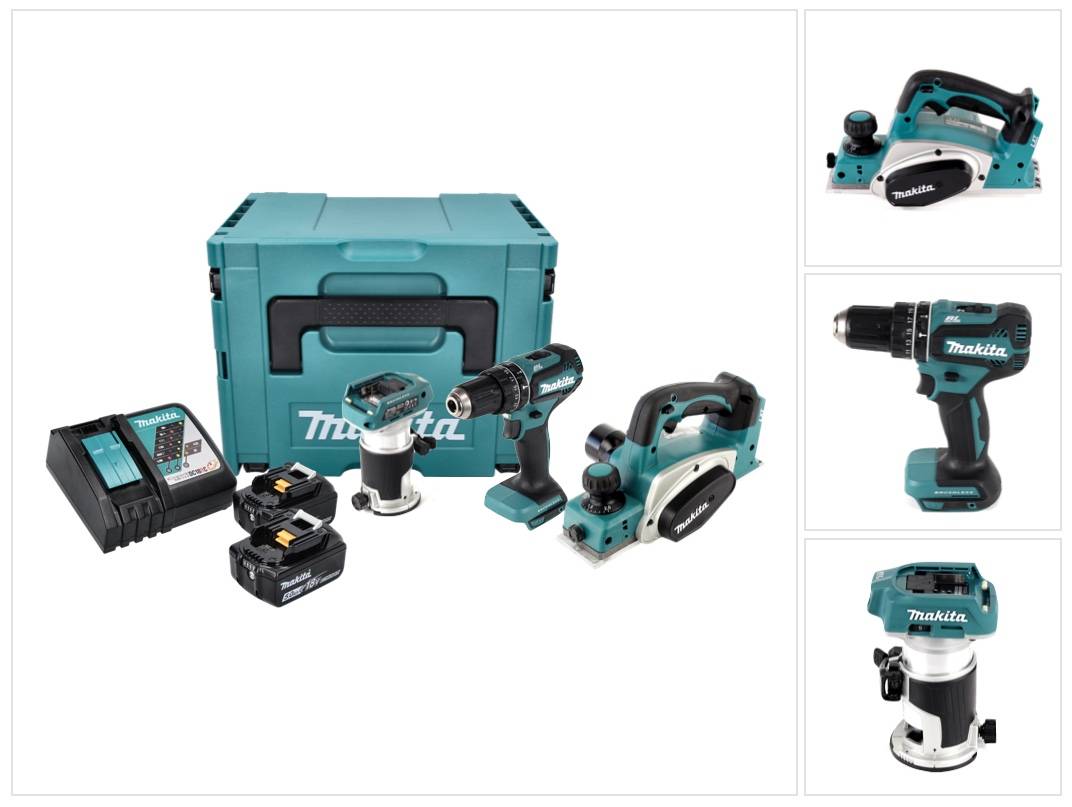 Makita DLX 3116 TJ Akku Combo Kit DHP 485 Akku Schlagbohrschrauber + DKP 180 Akku Hobel + DRT 50 Akku Multifunktionsfräse + 2x Akku 5,0 Ah + Ladeger