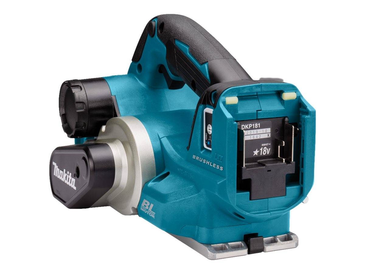 Makita 18V bürstenloser kabelloser Gebläse mit Batterienplatz und Seitengriff, auf weißem Hintergrund gezeigt.