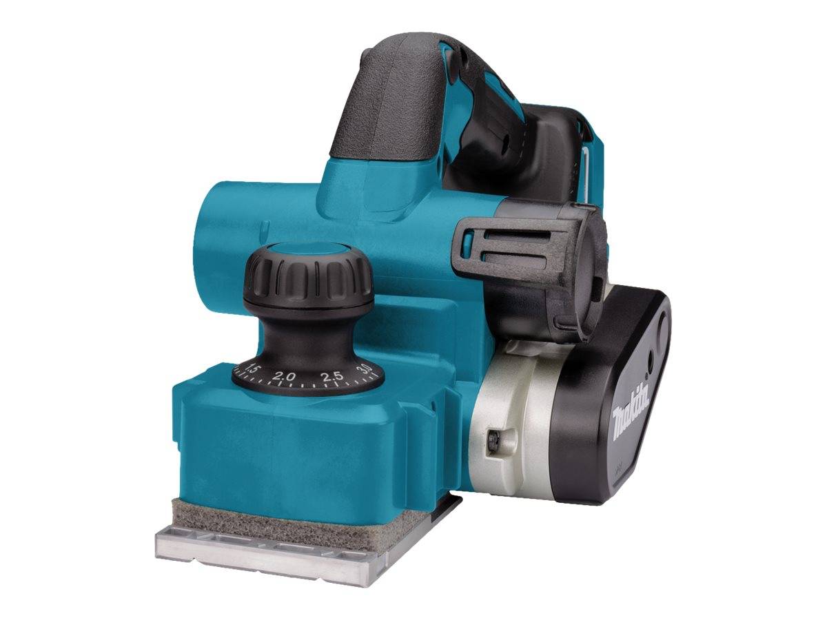 Elektrischer tragbarer Hobel mit blauem Korpus, vorderer Einstellknopf und seitlichem Motorgehäuse, dargestellt auf weißem Hintergrund.