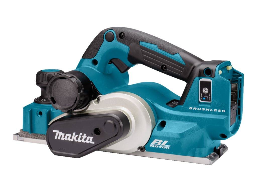 Makita kabelloses bürstenloses Elektro-Hobelmesser mit vorderer Tiefenregler-Drehknopf, schwarzem Griff und türkisfarbenem Gehäuse auf weißem Hintergrund.