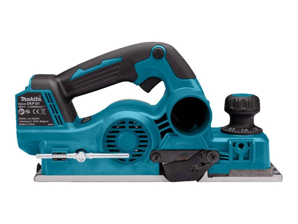 Makita-Elektro-Handhobel ohne Kabel in Seitenansicht, mit schwarz-petrolblauem Gehäuse, vorderer Tiefenverstellknopf und Grundplatte.