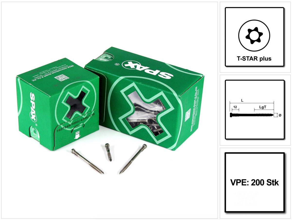SPAX Terrassenschraube 5,0 x 70 mm Edelstahl A2 ( 2x 0537000500703 ) 200 Stk Fixiergewinde Zylinderkopf Torx T-STAR Plus T25 CUT