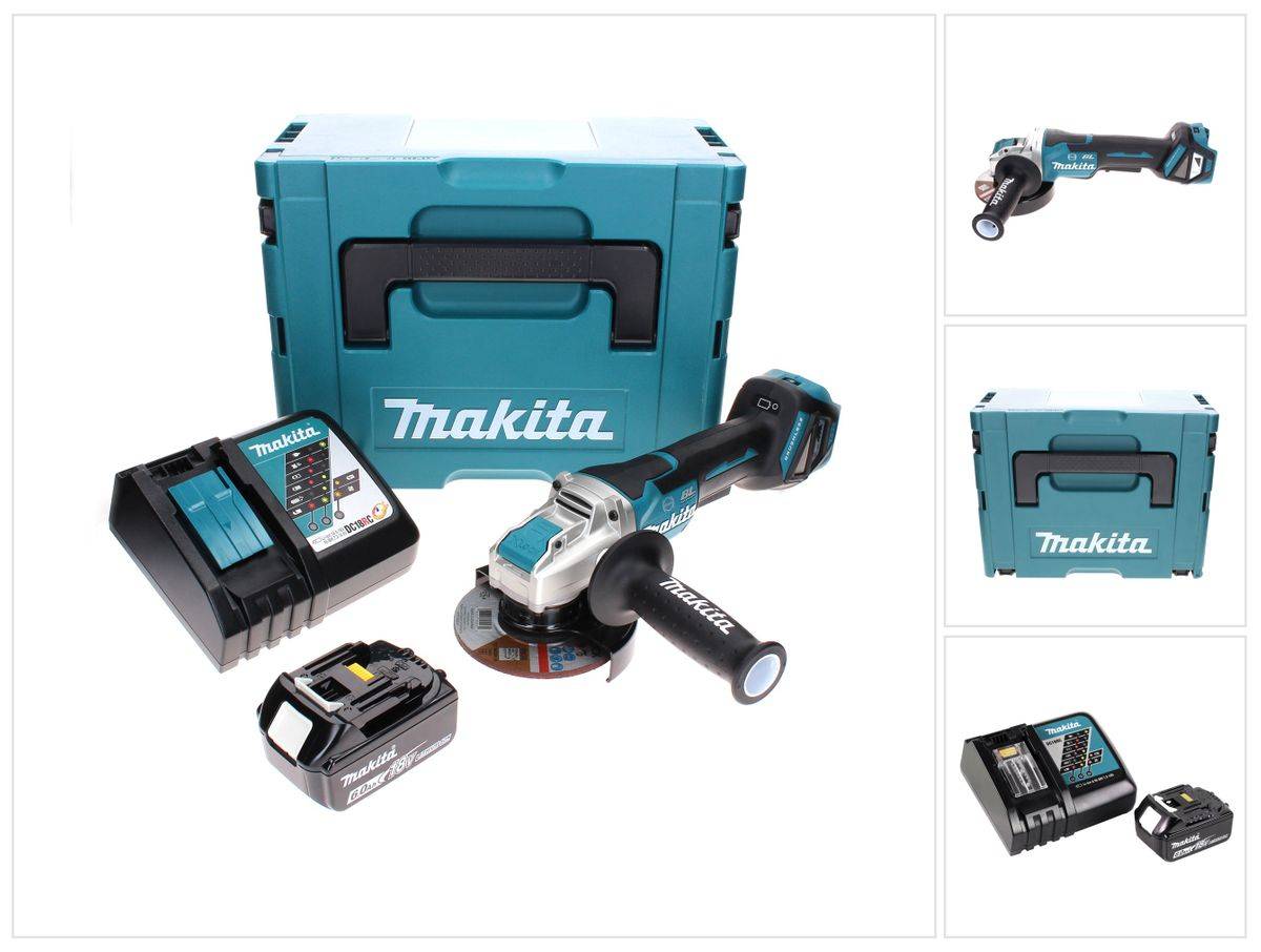Makita DGA 519 RG1J Akku Winkelschleifer 18 V 125 mm Brushless X-Lock + 1x Akku 6,0 Ah + Ladegerät + Makpac