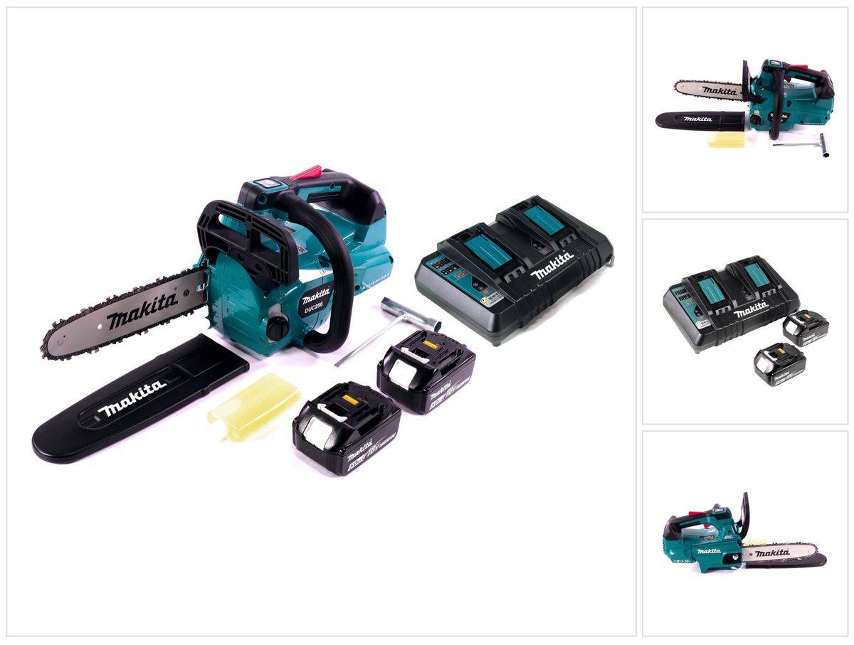 Makita DUC 256 PT Akku Kettensäge 36 V ( 2x 18 V ) Brushless 25 cm + 2x Akku 5,0 Ah + Doppelladegerät