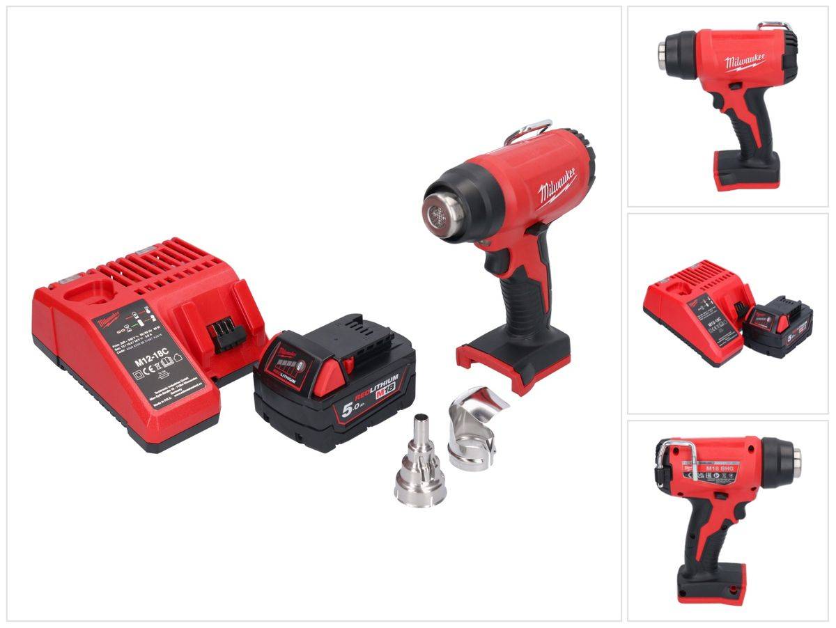 Milwaukee M18 BHG-501 Akku Heißluftgebläse 18 V 470 °C + 1x Akku 5,0 Ah + Ladegerät