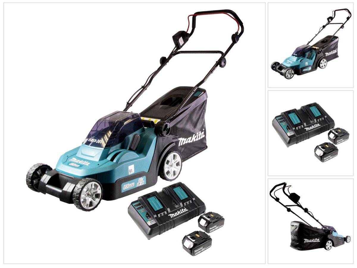 Makita DLM 432 PM2 Akku Rasenmäher 36 V ( 2x 18 V ) 43 cm Brushless + 2x Akku 4,0 Ah + Doppel Ladegerät