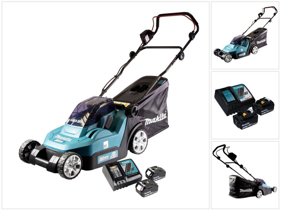 Makita DLM 432 RM2 Akku Rasenmäher 36 V ( 2x 18 V ) 43 cm Brushless + 2x Akku 4,0 Ah + Ladegerät