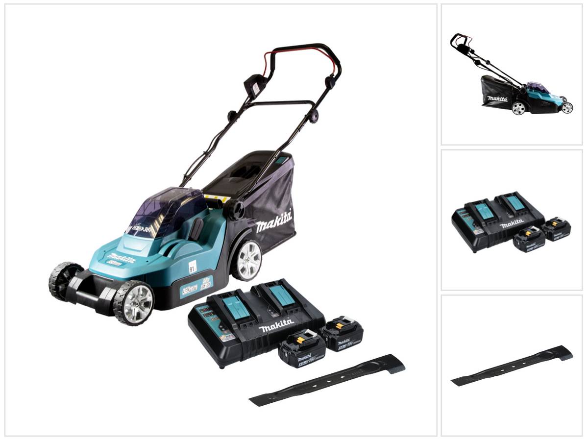 Makita DLM 382 PT2 Akku Rasenmäher 36 V ( 2x 18 V ) 38 cm 40 l + 2x Akku 5,0 Ah + Doppelladegerät + Sichelmesser