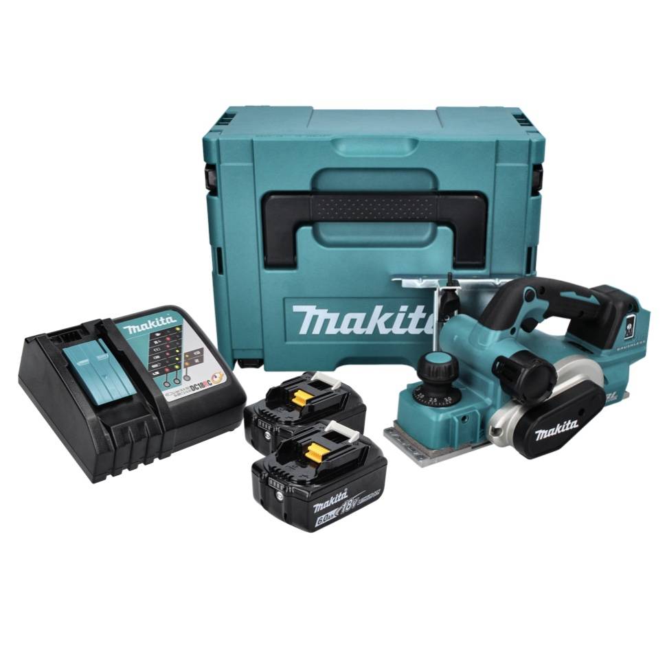 Makita DKP 181 RGJ Akku Hobel Falzhobel 82 mm 18 V Brushless + 2x Akku 6,0 Ah + Ladegerät + Makpac