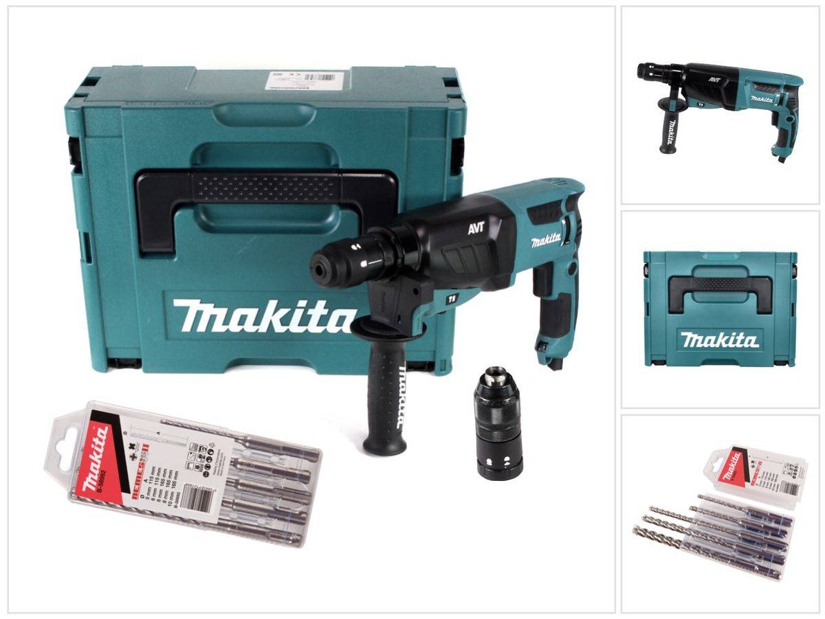 Makita HR 2631 FTJ Kombihammer 800 W 2,4 J SDS Plus + Schnellspannfutter + 5 tlg. Bohrer Set + Makpac