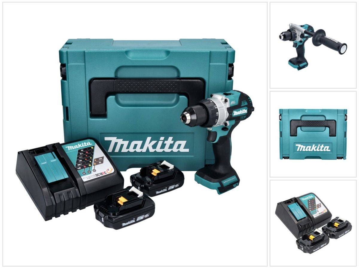 Makita DHP 486 RAJ Akku Schlagbohrschrauber 18 V 130 Nm Brushless + 2x Akku 2,0 Ah + Ladegerät + Makpac