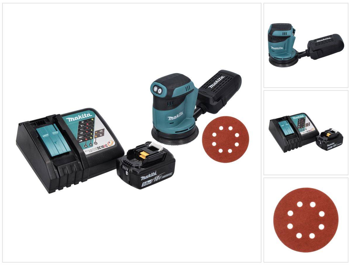 Makita DBO 180 RT1 Akku Exzenterschleifer 18 V 125 mm + 1x Akku 5,0 Ah + Ladegerät + 50x Schleifpapier K 320
