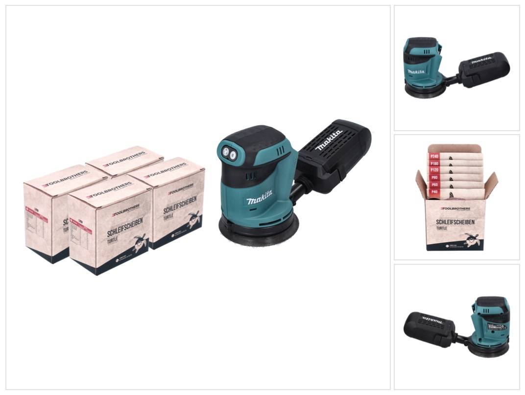 Makita DBO 180 Z Akku Exzenterschleifer 18 V 125 mm + 4x Toolbrothers TURTLE Schleifset - ohne Akku, ohne Ladegerät