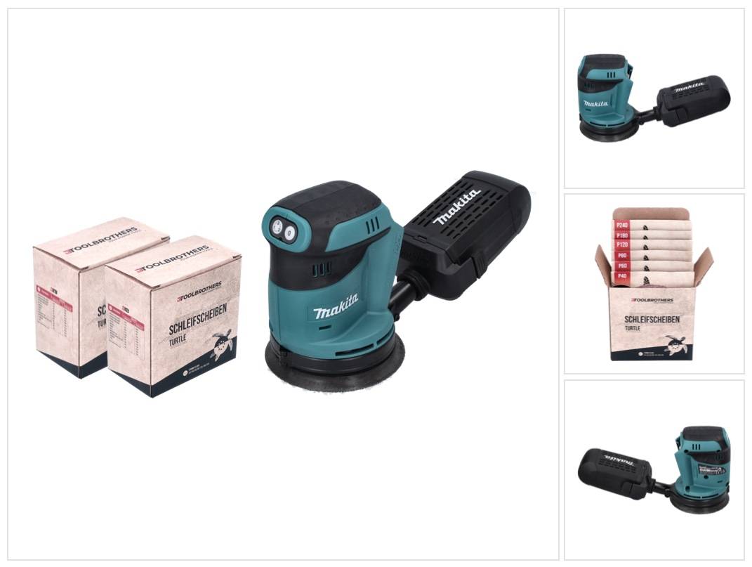 Makita DBO 180 Z Akku Exzenterschleifer 18 V 125 mm + 2x Toolbrothers TURTLE Schleifset - ohne Akku, ohne Ladegerät