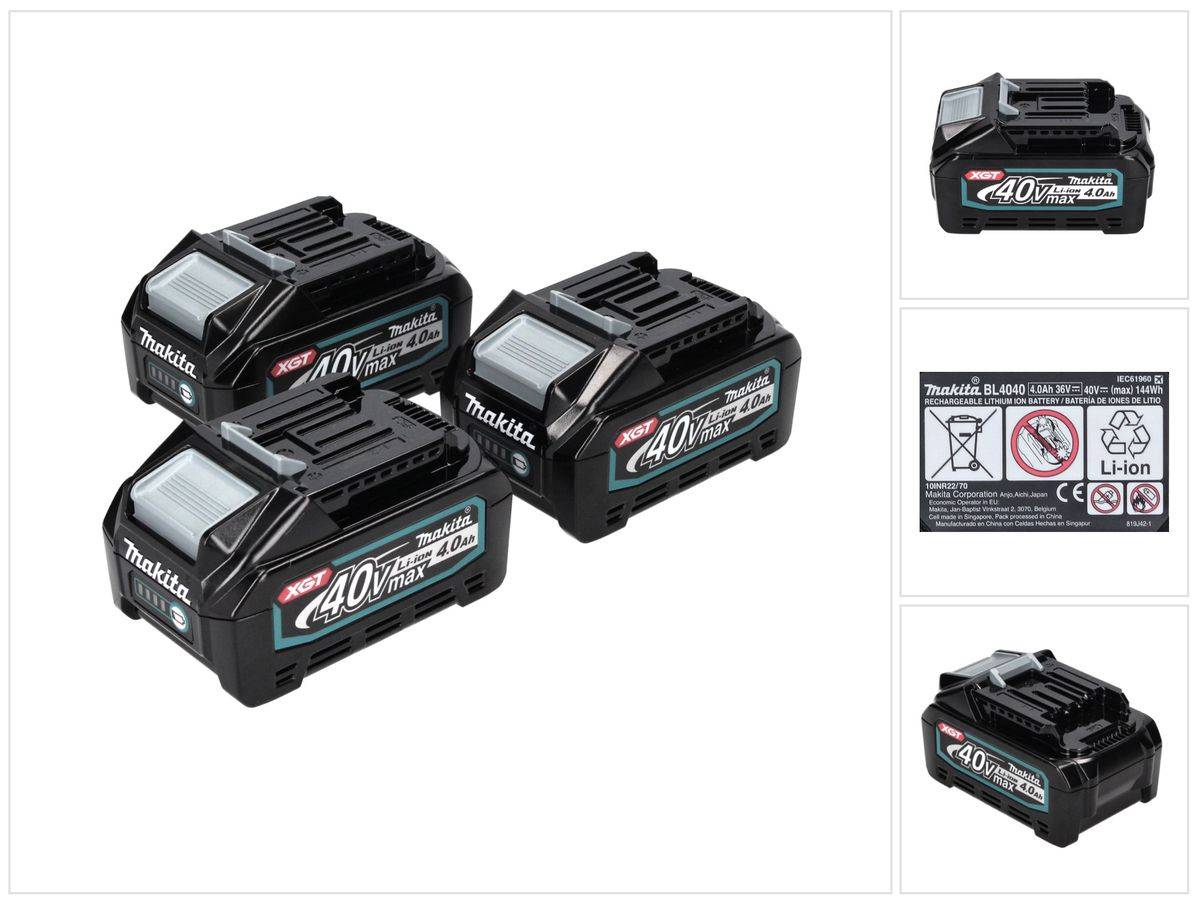 Makita Akku Set 3x BL 4040 40 V max. 4,0 Ah XGT Li-Ion Akku ( 3x 191B26-6 ) IP64 Schutzklasse mit LED Anzeige