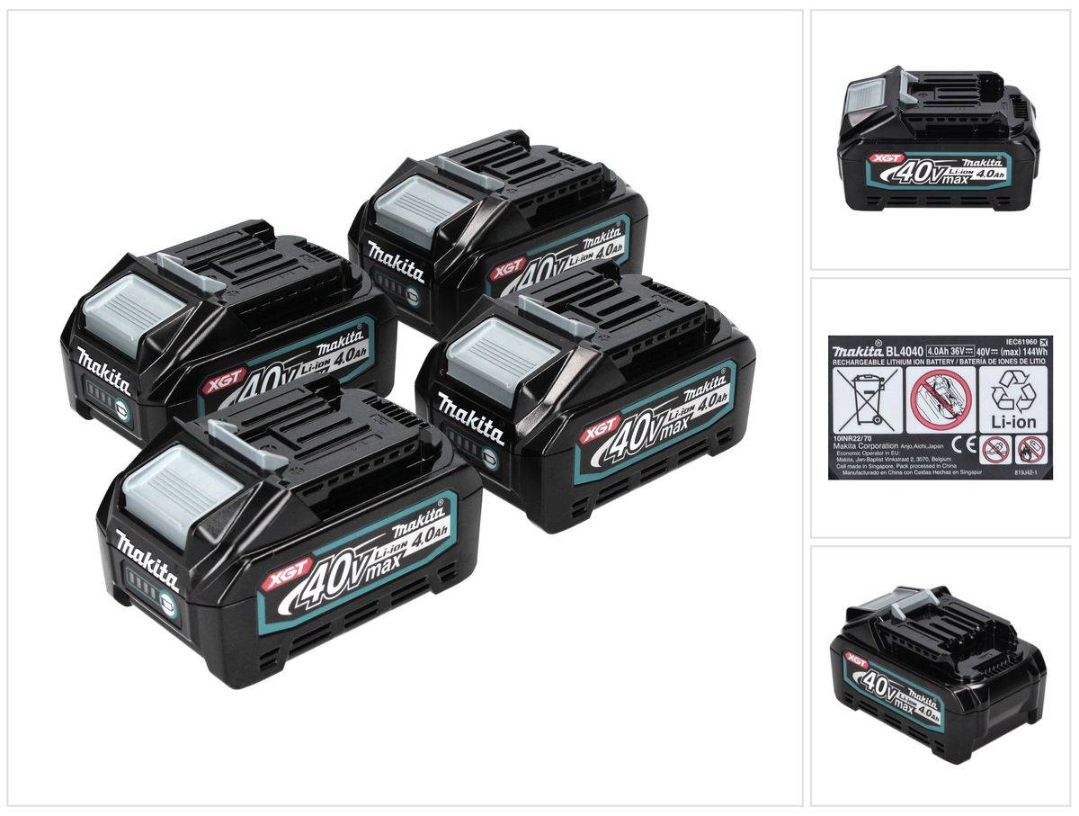 Makita Akku Set 4x BL 4040 40 V max. 4,0 Ah XGT Li-Ion Akku ( 4x 191B26-6 ) IP64 Schutzklasse mit LED Anzeige