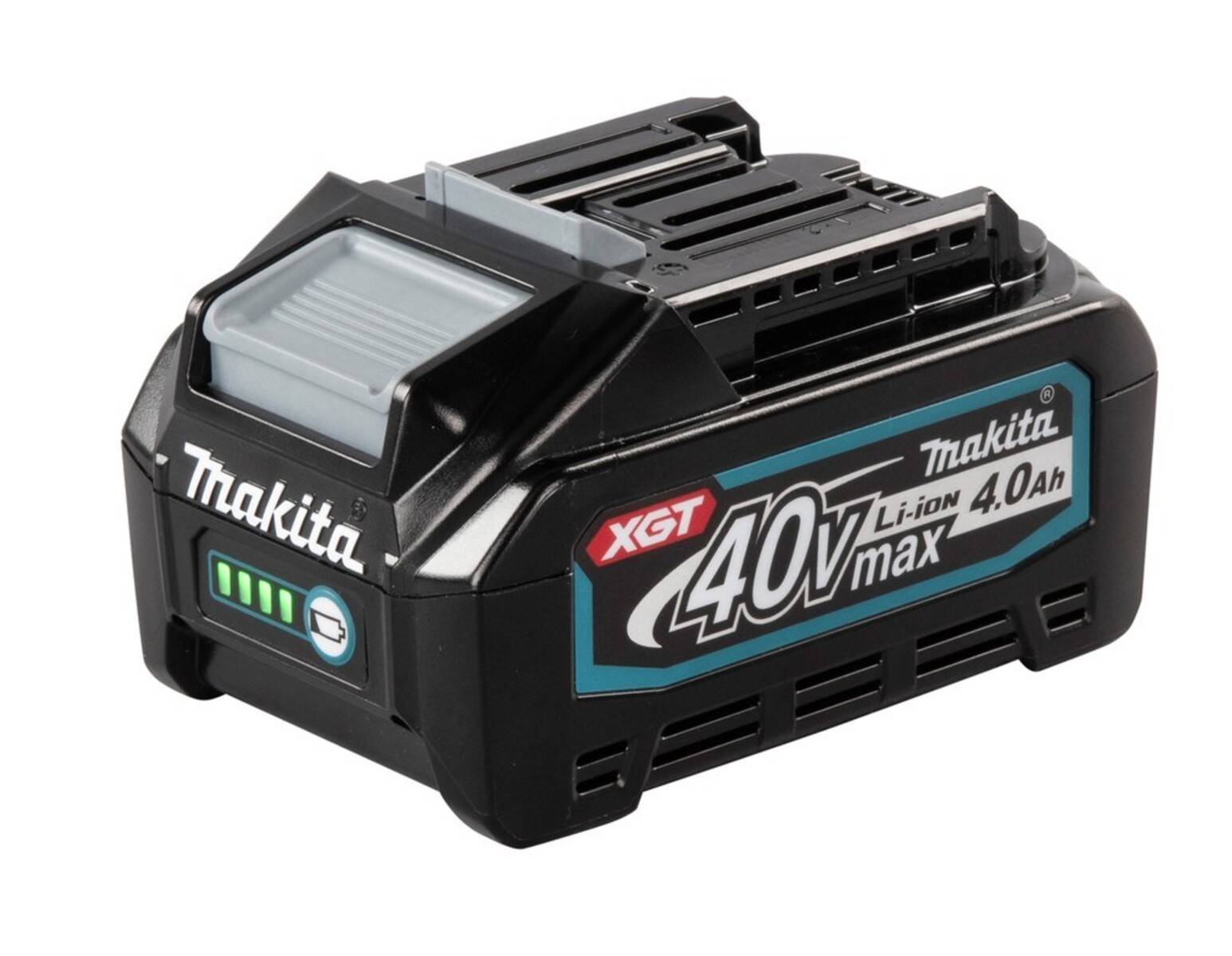 Makita XGT 40V max 4.0Ah Lithium-Ionen-Akku, mit Leistungsstandsanzeige und Markenbeschriftung.