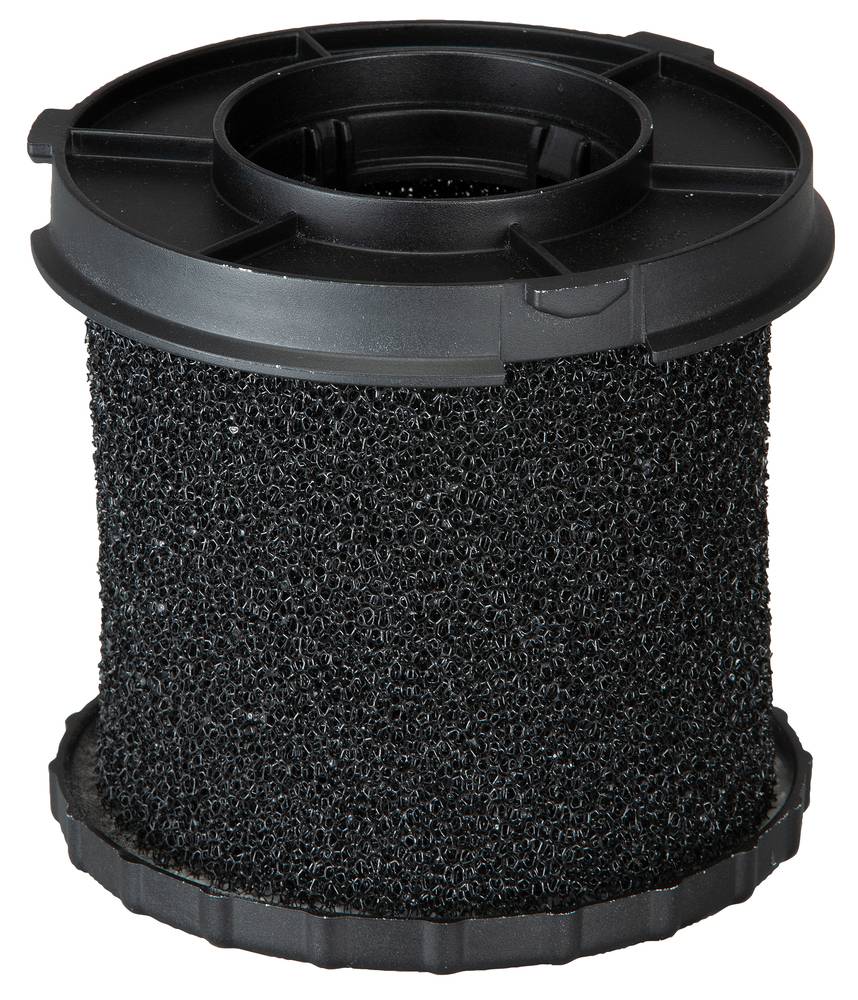 Schwarze zylindrische Schaumstoff-Luftfilterpatrone mit Kunststoffoberseite und -basis auf weißem Hintergrund